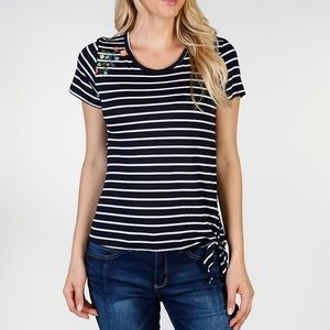 NWT June Bloom Floral & Stripe Tie Hem Top Navy L